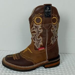 MauryUnisex Kids Square Toe Leather Cowboy Boots Longhorn Stitch Size 18.5 Brown